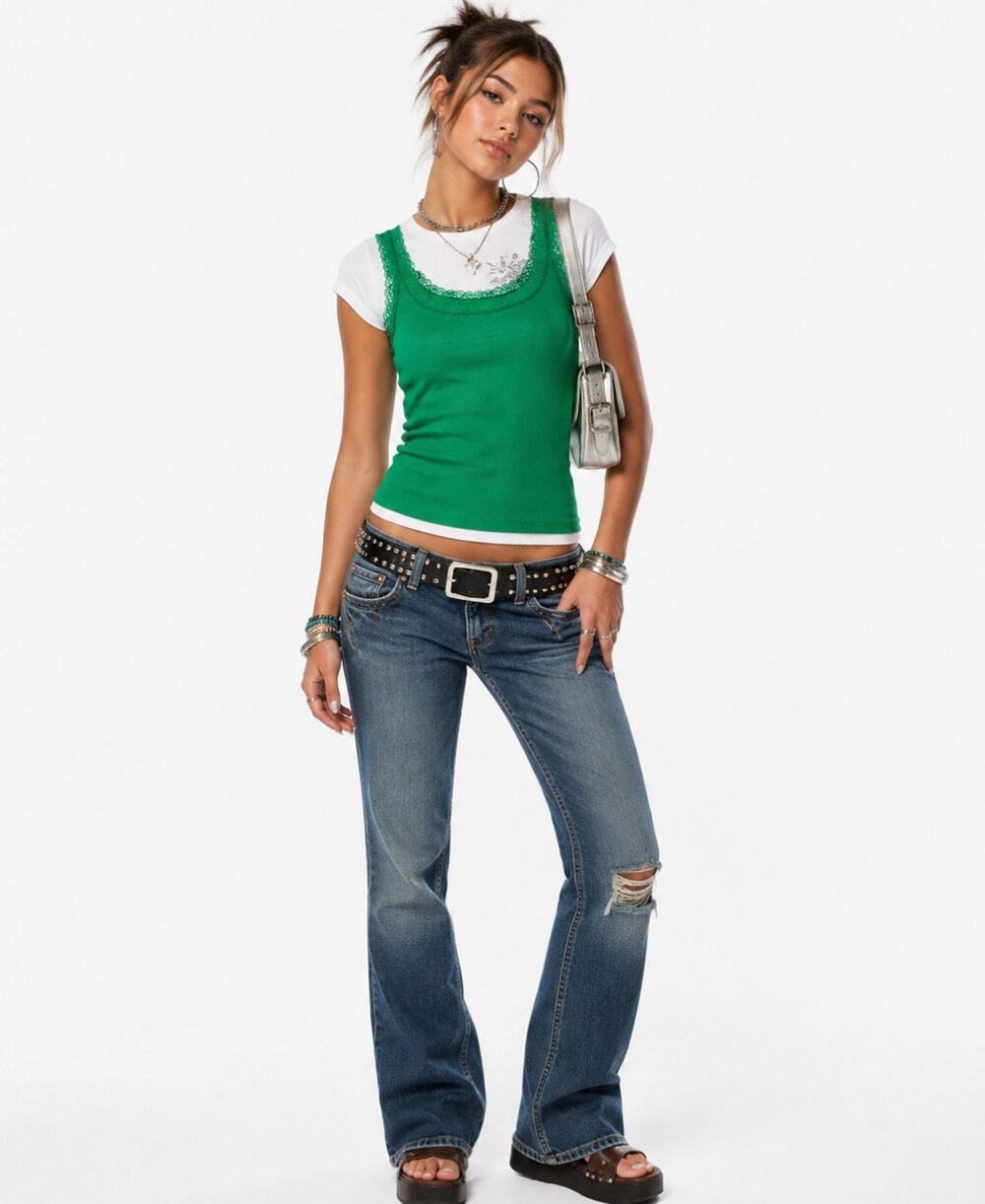 Y2K Indie Sleaze Layering Merona Women's Lace Trim Tank Top Size L Kelly Green
